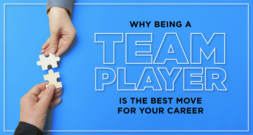 two men exchanging puzzle piece with text why being a team player is the best move for your career