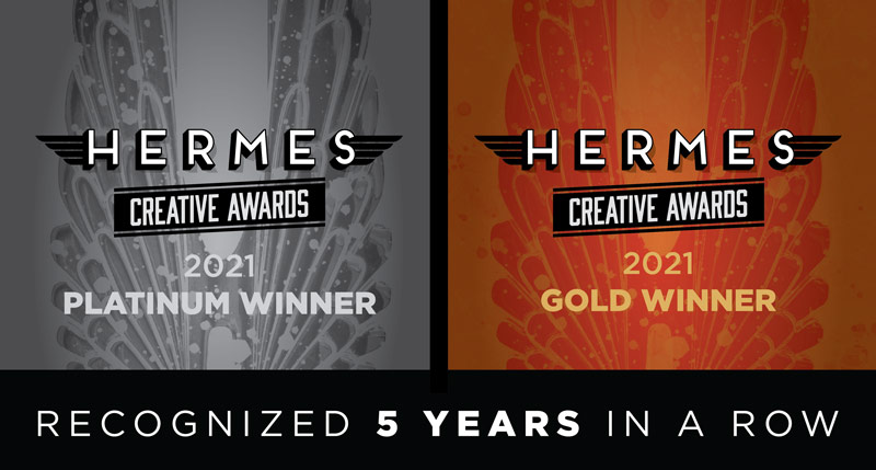 hermes creative award header with logos for gold winner and platinum winner 2021